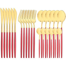 Mirror Cutlery Set 18/0 Stainless Steel Red Handles 24-Piece