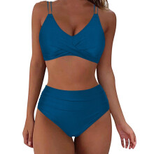 Kukoosong damebikinisett med høy midje, push-up-bralette og spaghettistropper i ensfarget farge for strand og basseng