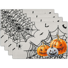 Set van 4 Halloween placemats, 30x45 cm, griezelig pompoen-/spinnenweb-/vleermuisdesign, wasbaar en vlekbestendig linnen.