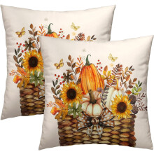 Housses de coussin décoratives d'automne 45 x 45 cm, lot de 2 – Motif citrouille, tournesol et feuilles, décoration champêtre pour Thanksgiving,