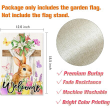 Steag de grădină de Paște: Iepuraș și flori încrucișate, 31x45 cm, pânză de sac față-verso, decor pentru curte exterioară – Compatibil