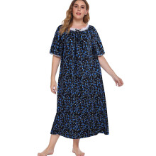 Naisten plus-kokoinen kukkakuvioinen yöpaita, pitkähihainen pitsimekko, rento ja löysä yöpaita, laivastonsininen, 5XL
