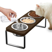 Upphöjda kattskålar med 3 skålar i rostfritt stål, 10 lutad anti-kräkningsdesign, valnötsställ – kompatibel med små katter och valpar