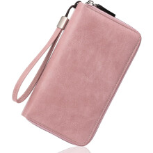 Womens Wallet Leather Bifold RFID Blocking Credit Card Case with Double Zipper Pockets and Wristlet Strap