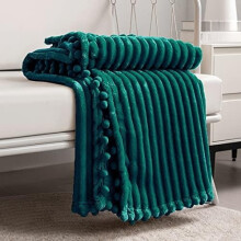 Queen Fleece Blanket 90x90", Green – Soft, Plush, Warm, Cozy Throw with Pompom Fringe – Compatible with Couch, Bed, Sofa