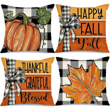 Fall Pillow Covers 20x20", Set of 4, Buffalo Bowknot Pumpkin Maple Leaf Design – Farmhouse Thanksgiving Decor for Sofa/Couch (Orange)