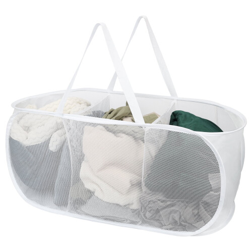 Collapsible Pop-Up 3 Compartment Laundry Hamper with Side Pocket, White