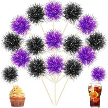 100 Pcs Purple & Black Foil Firework Cupcake Toppers – Sparkle Tinsel Cake Decor, Cocktail/Fruit Toothpicks for Birthday, Wedding, Graduation Party
