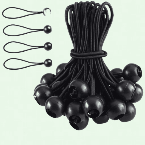 Conjunto de 50 cordas elásticas com bola, 15 cm (6 polegadas), resistentes, para amarrar lonas, pretas.