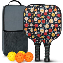 Pickleball Paddles Set with Floral Fiberglass Rackets, 2 Balls & Bag – Compatible with Indoor/Outdoor Play