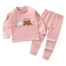 3M-5Y Toddler Cotton Pajama Set – Soft Rabbit/Bear Print, Long Sleeve, Solid Color, Pink, Home Wear, Compatible with 3M-5Y