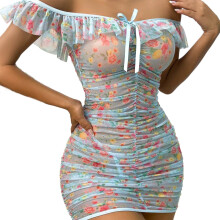 Lingeriejurkenset voor dames met een maatje meer – Sexy doorschijnende meshstof met bloemenprint, off-shoulder, rustieke stijl – Geschikt voor
