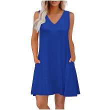 Women's Summer Sleeveless V Neck Pocket Dress Knit Fabric Loose Fit Casual Solid Color Dress Plus Size S - 2XL Soft Stretchy Beach Dress