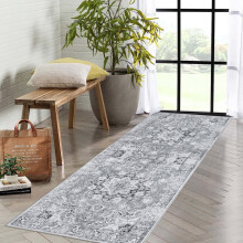 2'x6' Hallway Kitchen Washable Runner Vintage Print Non-Slip Accent Floor Cover Distressed Thin Carpet for Entryway Laundry Room Grey