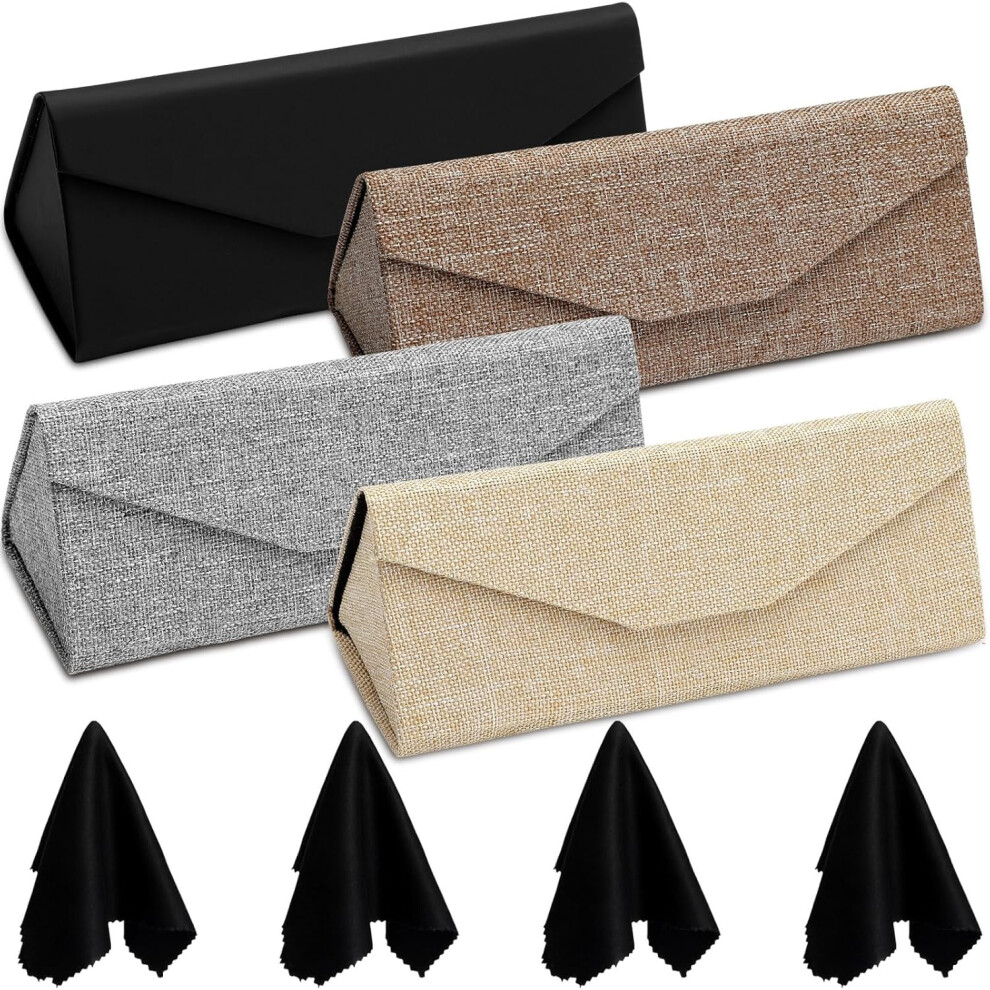4 Pack Foldable Glasses Sunglasses Case PU Hard Shell Collapsible Eyeglasses Leather Case 4 Cleaning Cloths