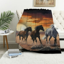 Wild Horses Fuzzy Throw Blanket for Men & Boys – Beach Horse Print, Compatible with Couch/Bed/TV, White Horse Lovers Gift