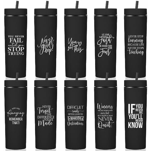 10-pack inspirerande dricksglas à 473 ml med lock och sugrör