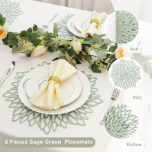 Sage Green Placemats Set of 8, 15" Round Pressed Vinyl Leaf Washable Table Mats for Wedding, Birthday, Baby Shower, Easter, Christmas & Holiday Decor