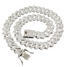 Colar de corrente cubana com diamantes em liga metálica, 14 mm, 20 cm (8 polegadas), prateado