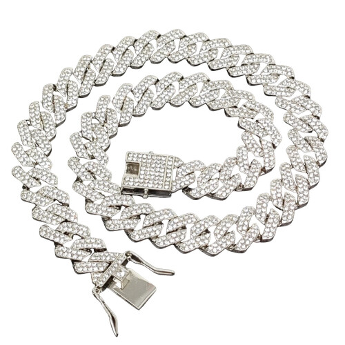 Colar de corrente cubana com diamantes em liga metálica, 14 mm, 20 cm (8 polegadas), prateado