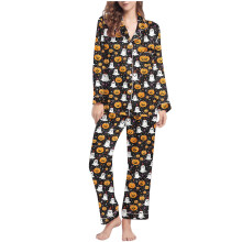 Dame 2025 Halloween Spøgelsesprint Pyjamassæt Langærmet Krave Nattøj Elastisk Talje Bukser Komfortabelt Loungewear S-2XL Orange
