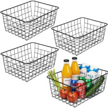 Farmhouse Kitchen Wire Baskets Set of 4, Black Metal Refrigerator & Pantry Organizers with Handles, Compatible with Standard Cabinets