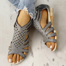 Strassbesetzte Sandalen mit hohlem Fersenreißverschluss und runder Zehenpartie im römischen Stil – Damen-Sommerschuhe