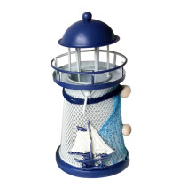 Kerzenständer-Aktionsangebot! Mediterraner Leuchtturm-Kerzenständer aus Eisen, blau-weiß, Tischdekoration, Abverkauf für Wohnaccessoires