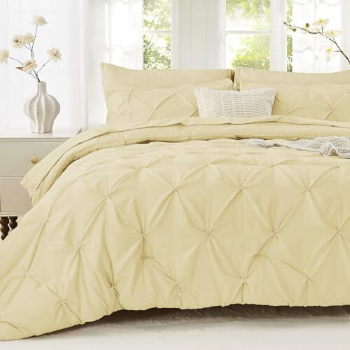 Queen Comforter Set Pale Yellow 7-Piece Pintuck
