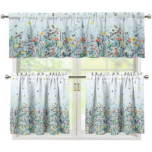Bloemenpatroon keukengordijnenset met volant en vitrage – 91 cm lang, 3-delige raamgordijnen voor woonkamer en slaapkamer