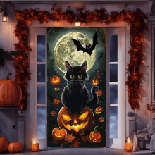 Décoration de porte d'Halloween, grande bannière de porte effrayante avec citrouille, chauves-souris et château, pour salle de bain ou porche.