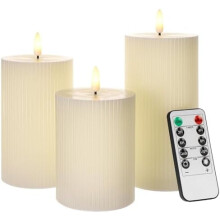 Lot de 3 bougies piliers côtelées, bougies LED sans flamme en cire véritable avec télécommande et minuterie, fonctionne sur piles, idéales pour