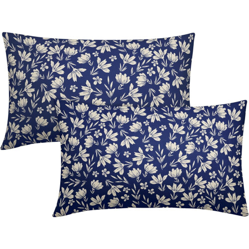 Navy Blue Floral Pillow Covers 12x20 in (2 pcs)