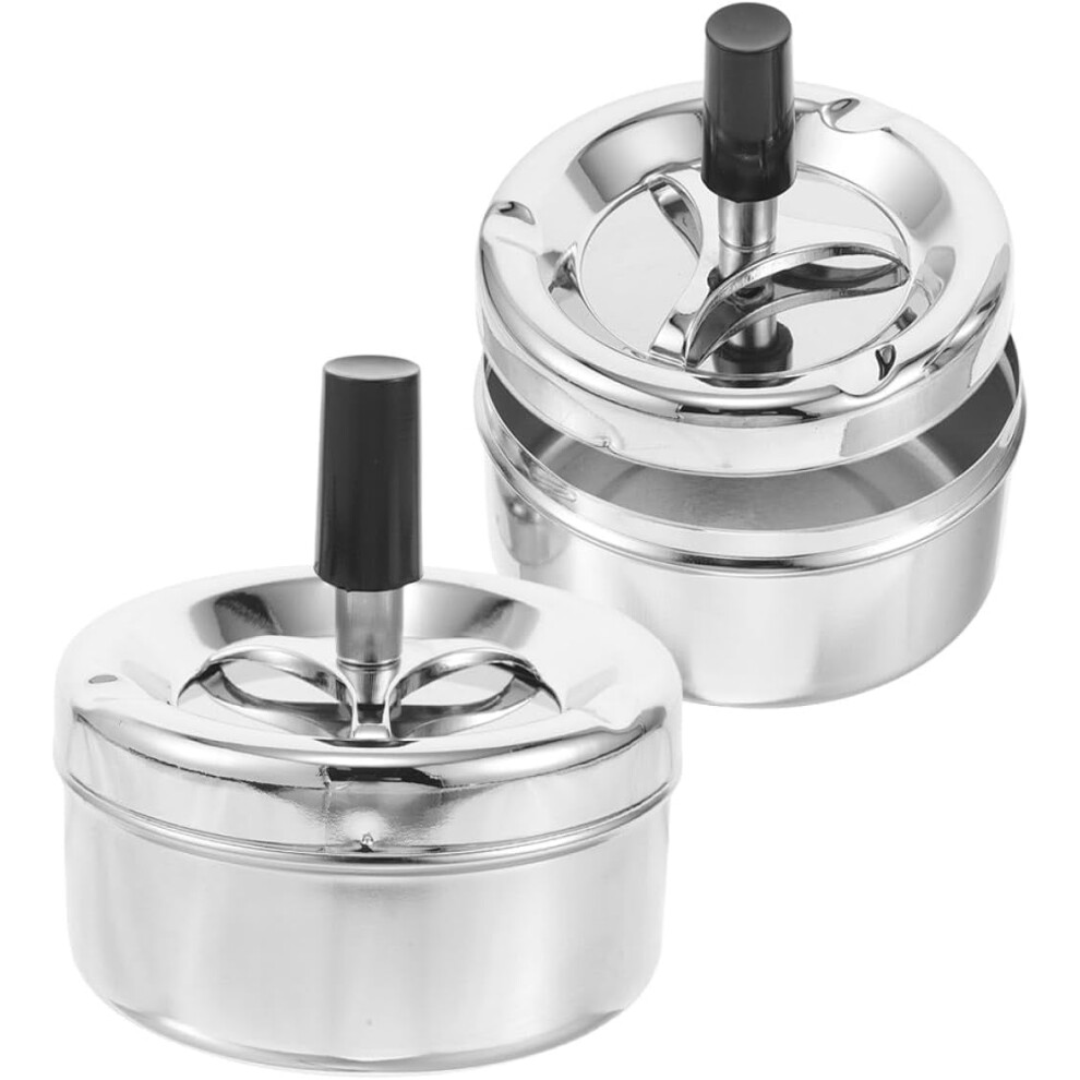 Silver 2 Pack Push Down Ashtray With Lid For Indoor Outdoor, Windproof Metal, Smokeless Design