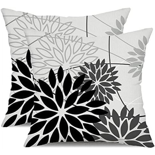 Sorte og grå blomsterpudebetræk 24x24 tommer, sæt med 2