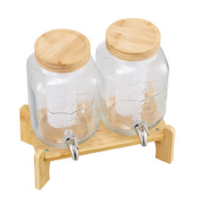 Dual 3.8L Glass Beverage Dispenser with Wooden Stand
