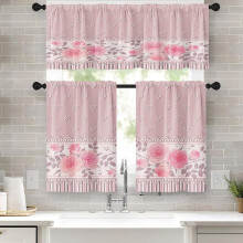 Pink Rose Floral Kitchen Curtains Set – 36" Valance & Tiers, Rod Pocket, Chic Cafe Style, Compatible with Standard Rods