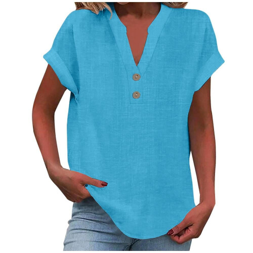 VERUGU Γυναικεία Μπλούζα με Κοντομάνικα, V-Neck, Βαμβακερά, Λινά Πουκάμισα,