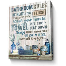 Rustic Navy Blue Bathroom Rules Canvas Wall Art, 12x16 inch, Framed Modern Decor for Bathroom, Toilet & Laundry Room