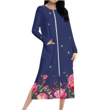 Robe pyjama fleurie femme 2025 avec poches, manches raglan longues, fermeture éclair sur le devant, polaire double face – Tailles S à 2XL