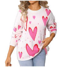 Women's Pink Heart Print Sweater, Soft Acrylic, Long Sleeve, Crewneck – Romantic Valentine's Day & Y2K Fall/Winter Top