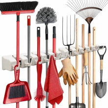 Wall-Mount Mop & Broom Holder 2-Pack, 5 Slots + 6 Hooks, 7.5lbs/Slot, Compatible with Standard Mops & Brooms – Off-White