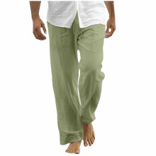 Leinenhose für Herren, lässige, lockere Sommer-Strandhose mit elastischem Bund, Kordelzug und Taschen, XL