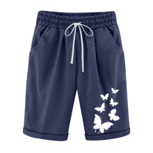 VERUGU Shorts til kvinder Sommerprintede Five Points Stor størrelse Bomuld Hørbukser Casual Bukser Shorts Mørkeblå 3XL