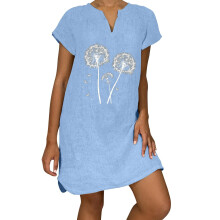 Damklänning med V-ringning och kort ärm, lös passform, 100 % polyester, krinklad linne-look, förtvättad, andningsbar, sommarkläder,