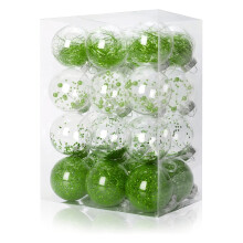 Clear Christmas Ball Ornaments, 24ct Plastic Hanging Baubles with Glitter (2.36"/60mm, Green) – Compatible with Standard Tree Hooks