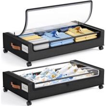 60L Rolling Under Bed Storage Containers (2 Pack), Clear Window & Label, Metal Drawer for Clothes/Shoes/Books, Black, Compatible with Standard Beds