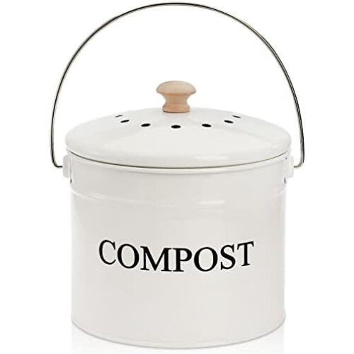 1-Gallon Odorless Kitchen Compost Bin with Charcoal Filter, Handle & Lid – White Scraps Caddy, Compatible with Standard Compost Systems