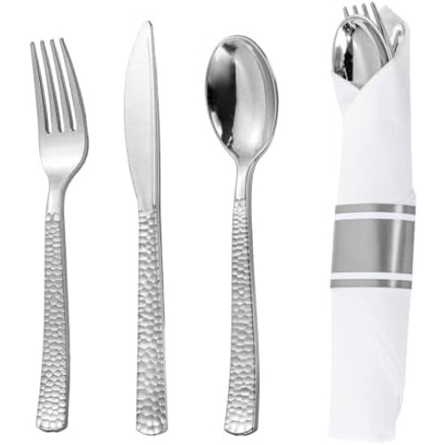 Set di posate usa e getta Silver Hammer Design da 50 pezzi