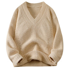 Men's Fashionable Tops Fall Winter Trendy Solid Color Pullover V-Neck Knitted Long Sleeved Slim Sweaters Suitable for Daily Wear(Beige#1,3XL)